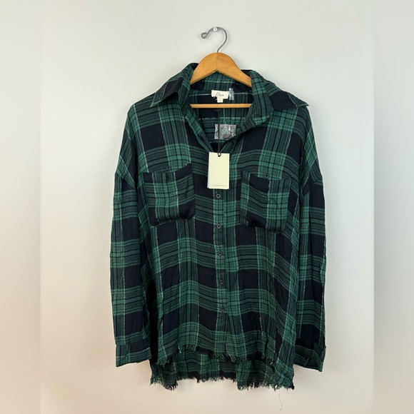 Elan green and black plaid button down shirt with delicate silver throughout - Picture 2 of 3